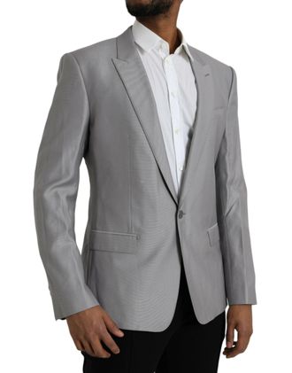 Dolce & Gabbana Mens Gray Wool Peak Single Breasted Coat Blazer Virgin Silk Clothing