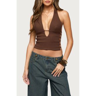 Edikted Plunge Neck Cutout Halter Top in Brown at Nordstrom, Size X-Small