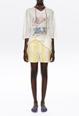 Bimba & Lola Striped Linen Blend Fitted Shorts in Stripes Limelight at Nordstrom, Size 40