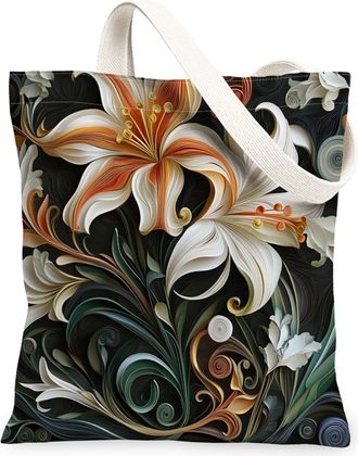 Generic Spring Quilting Paper Lilies Flower Canvas Tote Bag for Shopping 13x15, Floral Wildflower Reusable Grocery Print Bag for Women, Garden Beach Aesthetic