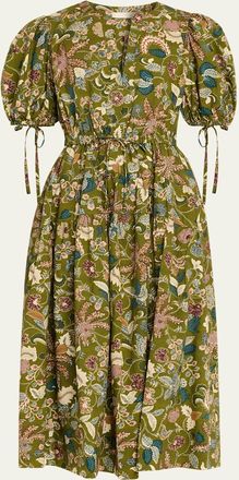 Ulla Johnson Adriana Puff-Sleeve V-Neck Midi Dress