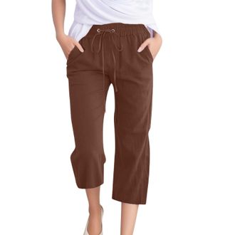 Generic Linen Cropped Trousers Womens 3/4 Short Leg Petite Wide Leg Trousers with Elasticated Waist Capri Pants Casual Solid Color Summer Loose Fit Beach Pant
