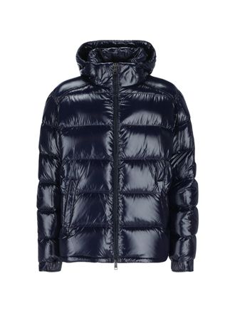 Herno Hooded Down Jacket with Glossy Navy Finish and Horizontal Quilting