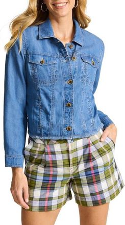 Tommy Bahama Fray Hem Chambray Crop Jacket in Med Indigo Wash at Nordstrom, Size X-Small