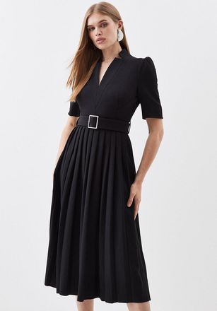 Karen Millen Womens Tailored Structured Crepe Forever Pleat Belted Midi Dress - Black - Size 12 UK