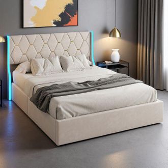 OEM Cama Con Cofres 140x190 Cm Terciopelo Beige - Led Integrada - Almacenamiento Hidr&aacute;ulico
