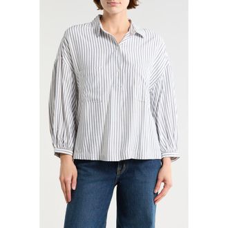 Max Studio Stripe Half Button-Up Shirt in Off White /Indigo at Nordstrom Rack, Size X-Small