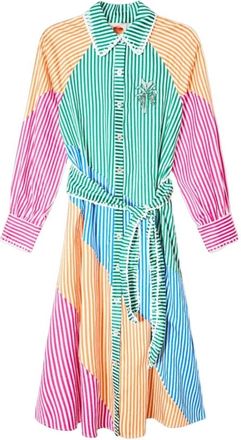 Farm Rio Cutwork Strepen Jurk met Lange Mouwen en Midi Lengte - Dames - Shirt Kleedjes - Veelkleurig - S - Katoen - Kleedjes