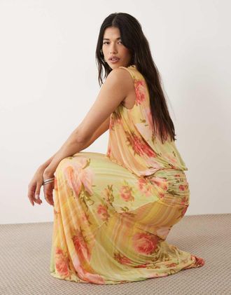 Asos Vestito lungo a campana in rete giallo limone a fiori con gonna arricciata a vita scesa-Multi