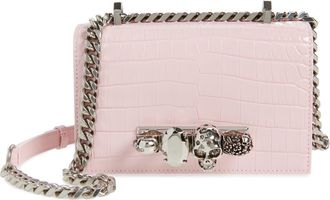 Alexander McQueen Alexander McQueen Croc Embossed Leather Shoulder Bag in Rose/Silver at Nordstrom