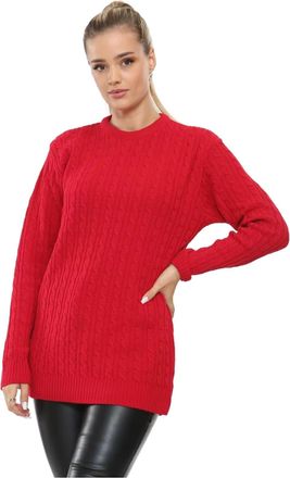 Janisramone Cable Knit Jumper Women, Long Sleeves Jumpers for Women UK, Knitted Crew Neck Jumper Women, Solid Color Chunky Jumpers for Women UK Size 8-26 Red