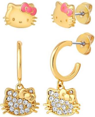 Hello Kitty Earring Set, 2-Pair, Gold-Tone Studs & Pav&eacute; Dangle Hoops in Gold Tone at Nordstrom