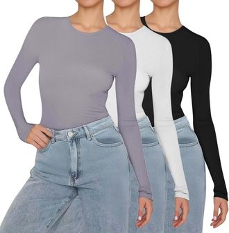 Generic Long Sleeve Thermal Top Women, Basic Plain Crew Neck Base Layer, Soft Comfortable Ladies Long Sleeve T Shirt for Layering, Casual Slim Fit Basic Top f