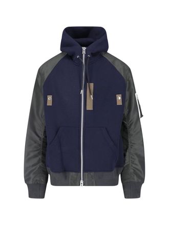 sacai Hooded Bomber Jacket in Technical Fabric with Zip Closure