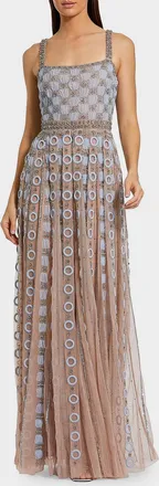 Mac Duggal Square-Neck Embroidered Mesh Gown