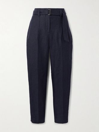 Brunello Cucinelli Pantaloni Cropped A Gamba Affusolata In Twill Di Lino Con Cintura - Blu