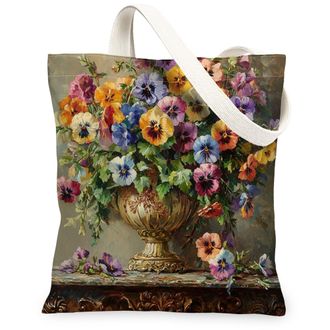 Generic Spring Farmhouse Pansy Canvas Tote Bag for Shopping 13x15, Rustic Farm Floral Reusable Grocery Print Bag for Women, Country Flower Beach Aesthetic Pai