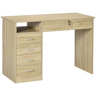 HOMCOM Computer Desk Writing Desk with Five Drawers for Home Office Oak | TJ Hughes