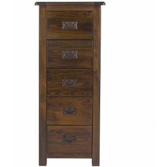 Home Source Industries Home Source - Dark Wood Chest of 5 Drawers Solid Pine Tallboy Metal Handles Lacquered Finish