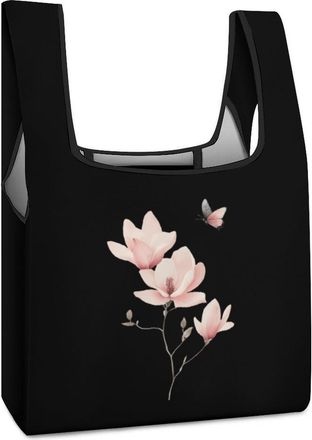 Generic Watercolor Magnolia Flower Butterfly Reusable Shopping Bags Lightweight Foldable Grocery Bag Polyester Washable Tote Bag