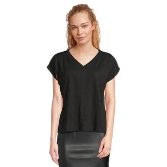 Eileen Fisher T-Shirts Women Black Organic Linen Cap Sleeve V-Neck JDM2556