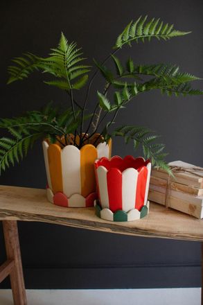 Kalalou Set Of Two Striped Ceramic Flower Pots With Trays