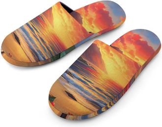 Generic Hawaii Sunset Beach Hibiscus Flowers Flannel Mens Slip-on Slippers Winter Warm House Shoes with Rubber Sole for Home Hotel