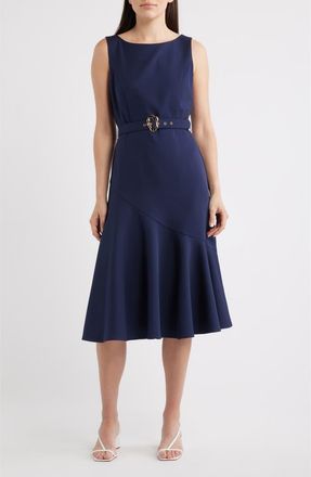Elie Tahari Belted Ruffle Hem Crepe Dress in Navy at Nordstrom, Size 16