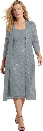 Roaman's Plus Size 3/4 Sleeve Formal Duster Sequin Embellished Lace Dress Set in Gunmetal at Nordstrom, Size 20