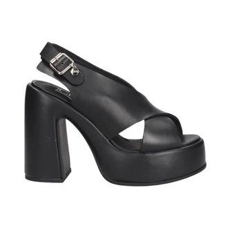 Cult Schoenen, Dames, Zwart, 40 EU, Leer, Zwarte hoge hak sandalen met plateau