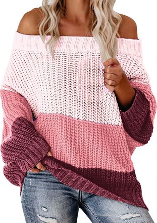 Generic Womens Off-The-Shoulder Sweater,Women Color Block Crochet Striped Sweaters Winter Warm-Ribbed Long Sleeve Top Comfy Lounge Loose Lightweight Pullover 