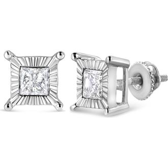 House of Brilliance Silver 1.0 Cttw Diamond Miracle Princess Solitaire Stud Earrings in White at Nordstrom