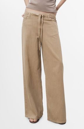 Mango Drawstring Cotton & Linen Wide Leg Pants in Sand at Nordstrom, Size 4