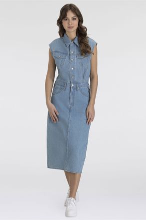 Levi's Jeanskleid LEVIS ICONIC SLEEVELESS DRESS, Damen, Gr. XS (34), N-Gr, blau (wrapped in blau), Denim/Jeans, Obermaterial: 100% Baumwolle, figurbetont ca.