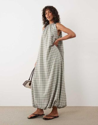Asos Vestito lungo allacciato al collo con fondo a palloncino kaki a quadri-Multi