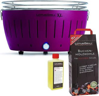 Lotus Grill Barbecue Viola XL con Batterie e Cavo di Alimentazione USB + 2.5Kg di Carbonella di Faggio + Gel Combustibile 500ml -Lotus Grill