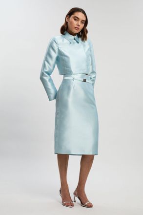 Karen Millen Womens Satin Twill Belted Tailored Midi Skirt - Pale Blue - Size 12 UK