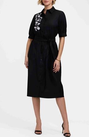 Foxcroft Esther Belted Floral Embroidered Cotton Blend Shirtdress in Black/White at Nordstrom, Size X-Small