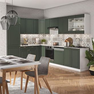 Vicco Cucina angolare completa Fame-Line, Verde-oro Country House/Bianco, 227 x 60 cm senza piano di lavoro