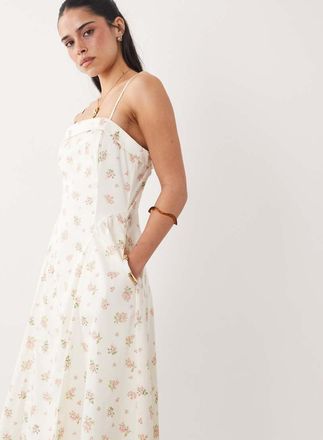 Mango Vestito lungo in misto cotone color panna a fiori con scollo squadrato e spalline sottili-Rosa