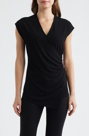 Anne Klein Side Button Faux Wrap Top in Anne Black at Nordstrom, Size Xx-Small