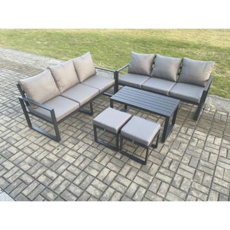 Fimous Fimous Aluminium Patio Outdoor Garden Furniture Lounge Sofa Set with Oblong Coffee Table 2 Small Footstools Dark Grey