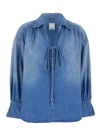 Pinko Blue Blouse With V-Neck On The Front And Dropped Shoulders In Cotton Woman