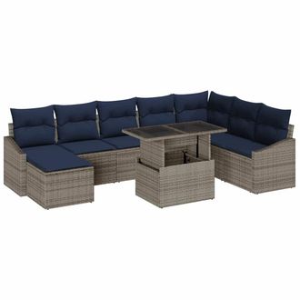 vidaXL Conjunto De Sof&aacute; De Jard&iacute;n Con Coj&iacute;n 9 Pcs Gris Y Marino Vidaxl