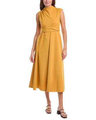Gracia Front Tie Belt Mock Neck Midi Dress