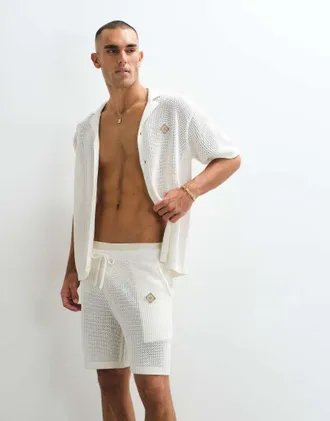 B&eacute;lier Pantaloncini in maglia alluncinetto bianchi con coulisse in coordinato-Bianco