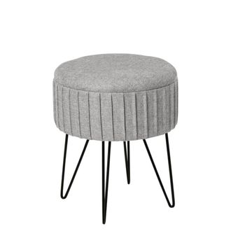Koketto Home Puff circular de tejido gris con patas de metal negro y compartimento