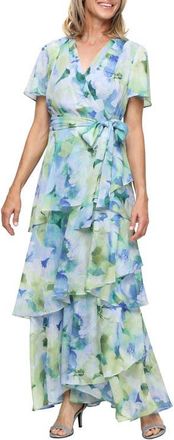 S.L. Fashions Floral Tiered Ruffle Gown in Blue/Multi at Nordstrom, Size 10