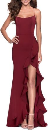 La Femme Ruffle Prom Dress with Scoop Neck and Lace Up Back in Wine at Nordstrom, Size 12