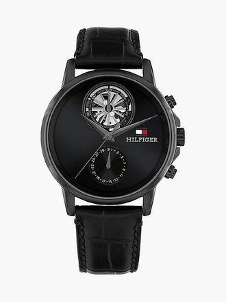 Tommy Hilfiger Black Croco-Print Leather Skeleton Sub-Counter Watch